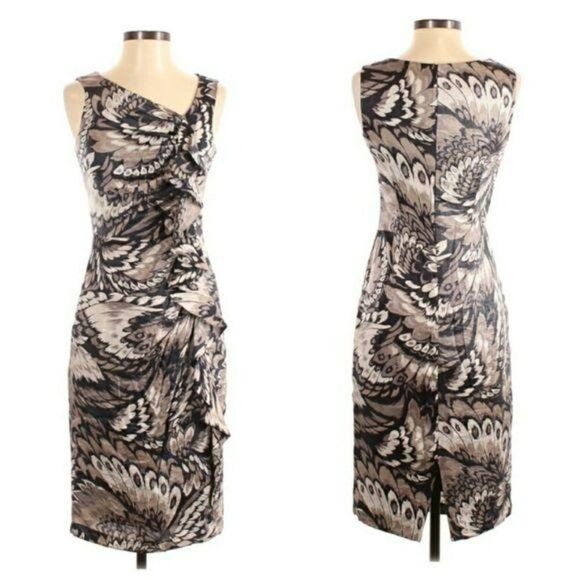 90's London Times Formal Bodycon Ruched Ruffled Wing Feather Print Brown Sz 4 - Picture 1 of 11
